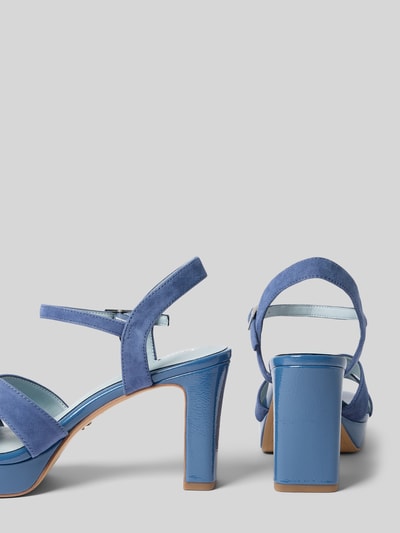 Produktfoto, Sandaletten aus echtem Rindsleder von Tamaris in Blau, Veloursleder, Blockabsatz, strukturierte Sohle, unifarben, Peep Toe.