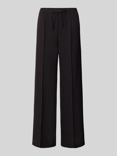 Produktfoto, Wide Fit Sweatpants mit Viskose-Anteil von MYON in Schwarz mit Zierfalten, elastischer Bund, lange weite Hosenbeine, glatte Textur