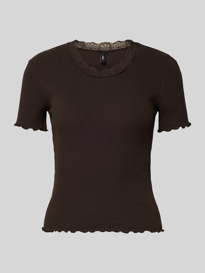 Produktfoto, Slim Fit T-Shirt aus Baumwoll-Mix Modell 'VINI' von Only, jednolity kolor, krój slim fit, koronka, okrągły dekolt, krótki rękaw, rippiowana faktura