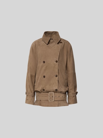Produktfoto, Jacke aus echtem Ziegenvelours von Rotate in Braun, Oversized Fit, Doppelknopfleiste, Umlegekragen, glatte Textur