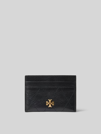 Produktfoto, Kartenetui aus echtem Leder von Tory Burch, schwarzes Schlangenmuster mit Steppnähten, goldfarbenes Label-Detail, Steck- und Kartenfächer, Maße 10x7x1 cm