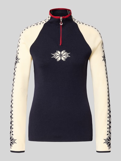 Produktfoto, Strickpullover aus Wolle Modell 'Geilo' von Dale of Norway in Dunkelblau und Creme mit Allover-Muster, Slim Fit, Stehkragen, Reißverschluss