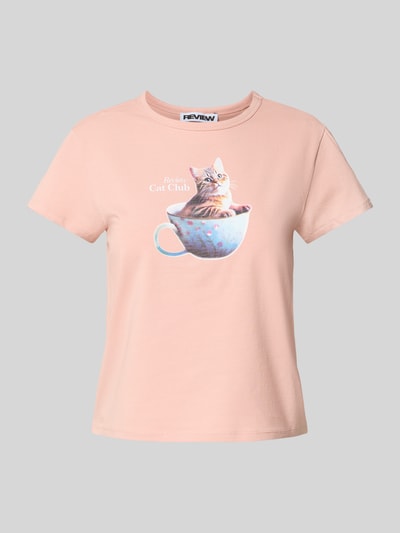 Review T-shirt z nadrukiem z motywem i logo Brudnoróżowy 2