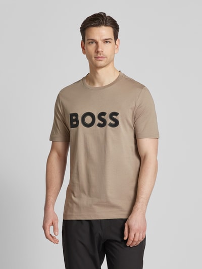 BOSS Green T-shirt z napisem z logo Piaskowy 4