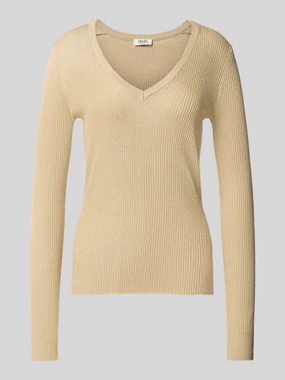 Produktfoto, Slim Fit Pullover aus Viskose-Mix Modell 'Maglia' von Liu Jo White in Beige, gerippte Textur, V-Ausschnitt, breiter Bund, Damenmode