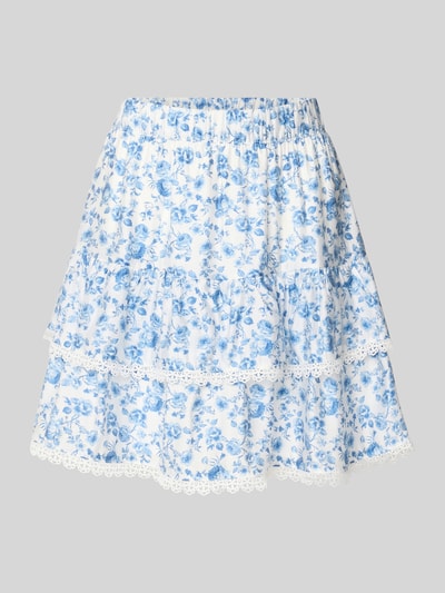 Produktfoto, Ausgestellter Rock aus Viskose-Mix Modell 'BLISS' von Vero Moda mit Florales-Allover-Muster in Blau-Weiß, elastischer Bundabschluss, Popeline-Textur, Mini-Länge.