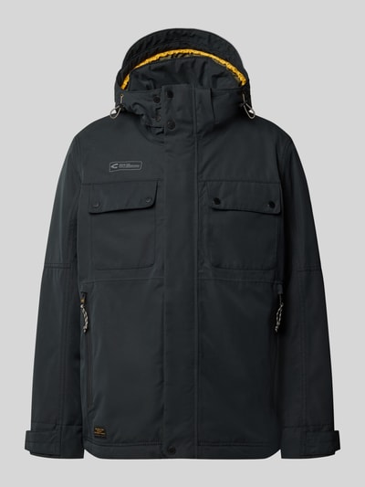 Productfoto, donkergrijze Jacke mit Kapuze Modell 'Between Funktion TEXX' van camel active, rechte snit, gele binnenkant kap, grove textuur, zichtbare drukknopen en rits, borst- en zijzakken, verstelbare mouwriemen, statement-patch en print