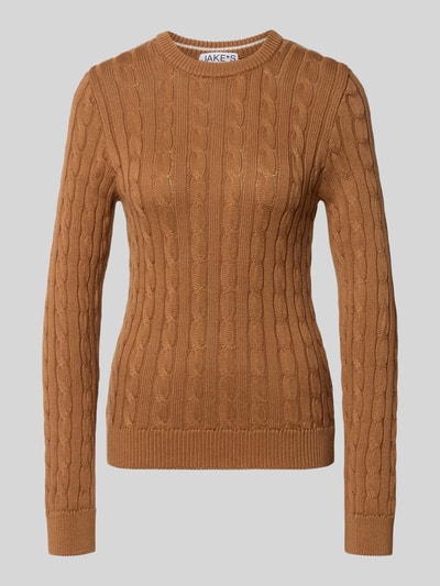 Produktfoto, Strickpullover mit Zopfmuster und Rundhalsausschnitt van Jake*s Casual in bruin, rechte fit, ribboorden, zuiver katoen