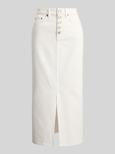 Produktfoto, Midi-Jeansrock aus Baumwoll-Mix von Lauren Ralph Lauren in Unifarbe mit geradem, geschlitztem Saum und 5-Pocket-Design, Denim-Textur