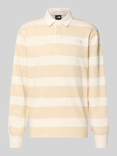 Produktfoto, Sweatshirt mit Polokragen und Label-Stitching von The North Face in Beige und Weiß, Streifenmuster, reine Baumwolle, Regular Fit, Knopfleiste, Rückenlänge 70 cm