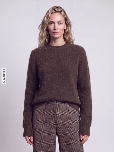 Frauenmodel trägt Regular Fit Pullover mit Woll-Anteil von Jake*s Casual in Braun, kombiniert mit karierten Hosen, Ganzkörperansicht von vorne, KI-modifiziertes Bild.