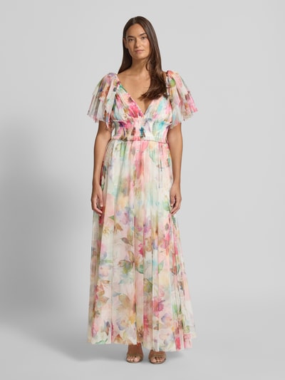 Lace & Beads długa sukienka z tasiemką w talii we wzór na całej powierzchni Jasnożółty 1