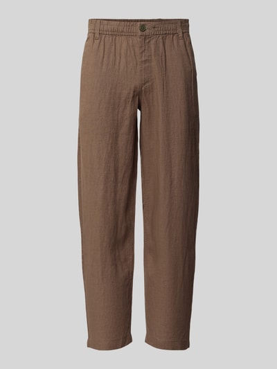 Produktfoto, Leinenhose mit Eingrifftaschen Modell 'KARL LAWRENCE' von Jack & Jones Premium in Braun, Straight Fit, elastischer Bund, Knopf- und Reißverschluss, reine Leinenstruktur, sichtbare Oberflächenstruktur, dezente Steppnähte, französische Eingrifftaschen und Gesäßleistentaschen, Bundweite 42 cm, Innenbeinlänge 75 cm, Größe M