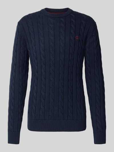 Produktfoto, Slim Fit Strickpullover aus reiner Baumwolle von MCNEAL in Dunkelblau mit Rundhalsausschnitt, gerippten Abschlüssen, Label-Stitching