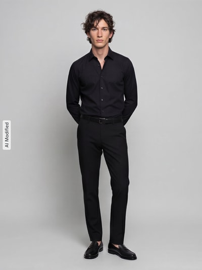 Männermodel trägt schwarzes Body Fit Businesshemd aus reiner Baumwolle Modell 'Level Five' von OLYMP, Herren Businesshemd, Ganzkörperansicht von vorne.