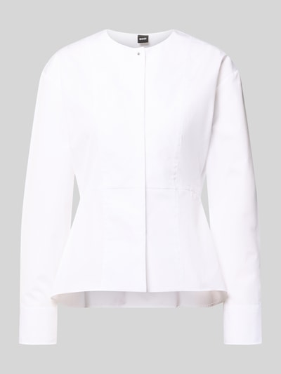 Produktfoto, Slim Fit Langarmbluse aus reiner Baumwolle Modell 'BEPLUM' von BOSS in Weiß, klare Linien, glatte Struktur, Damen Langarmbluse.