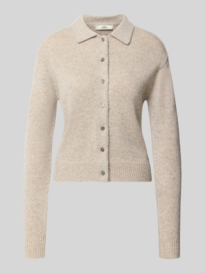 Produktfoto, Strickjacke aus Kaschmir-Mix mit Lanawoll-Anteil Modell 'Gina' von 0039 Italy in Beige, gerippte Abschlüsse, Umlegekragen, regelmäßiger Schnitt