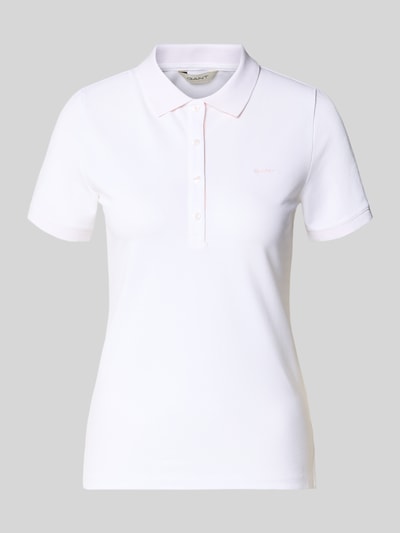 Produktfoto, Slim Fit Poloshirt mit Label-Stitching von Gant aus Baumwoll-Elasthan-Mix in Weiß, Knopfleiste, Rückenlänge 59 cm bei Größe S