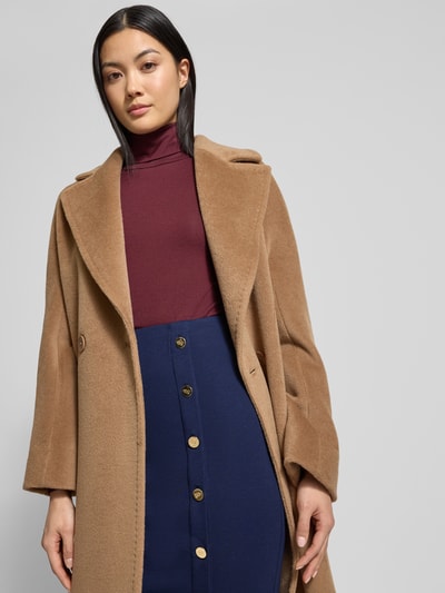 Kobiece modelka nosi Midirock mit Knopfleiste Modell 'TARVER' od Lauren Ralph Lauren, granatowy, proste fason, widok z przodu, zbliżenie na górę ciała. Spódnica z bawełny-modal z dodatkiem stretchu, guziki, elastyczny pas, długość midi