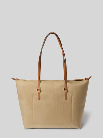 Produktfoto, Tote Bag mit Label-Applikation Modell 'KEATON' von Lauren Ralph Lauren, główna przegroda z zamkiem błyskawicznym, uchwyt, szerokie 37 cm, długość 28 cm, głębokość 13 cm, długość paska na ramię 54 cm, beżowa z brązowymi uchwytami, gładka faktura