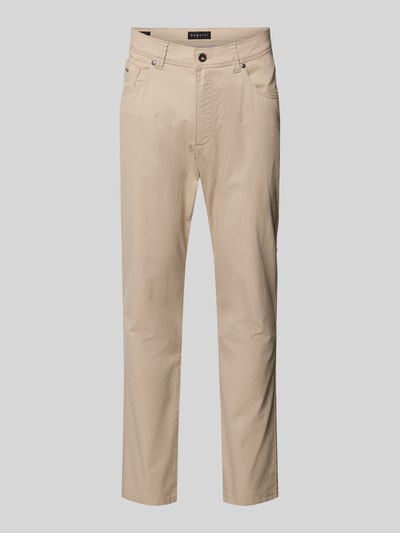 Produktfoto, beige Regular Fit Hose mit Eingrifftaschen Modell 'CORDOBA' von bugatti, glatte Baumwoll-Elasthan-Textur, neutrale Studioaufnahme