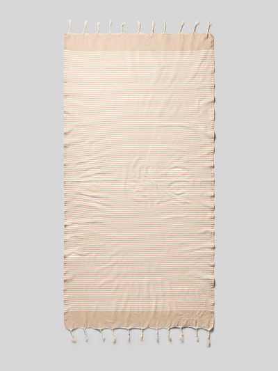 Produktfoto, Herren Handtuch aus Reine Baumwolle von MC2 Saint Barth, Rechteckige Passform, Modell 'Foutas', Logo-Detail, Breite 100 cm, Länge 200 cm, beige mit gewebter Struktur und Fransen.
