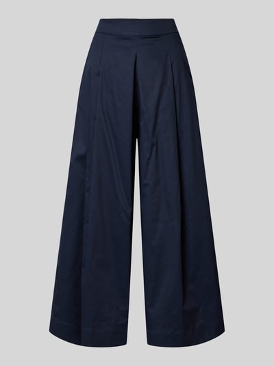 Produktfoto, Wide Fit stoffen broek met bandplooien van Christian Berg Woman in donkerblauw, puur katoen, verkorte pasvorm, elastische band, bandwijdte maat 36: 36 cm, binnenbeenlengte maat 36: 61 cm