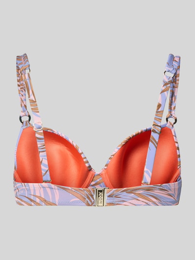 Produktfoto, Bikini-Oberteil im Allover-Look Modell 'PALMERAS BEACH' von JOOP! Collection, orange-lila mit palmblattartigem Muster, glänzende glatte Textur, Material-Mix mit Stretch-Anteil, körpernahe Passform, verstellbare Träger