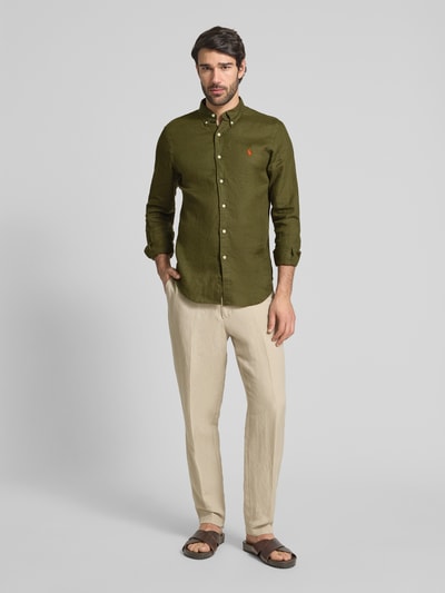 Polo Ralph Lauren Slim Fit Leinenhemd mit Logo-Stitching Oliv 1
