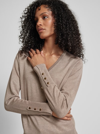 FREE/QUENT Gebreide pullover met V-hals, model 'Katie' Taupe gemêleerd - 3