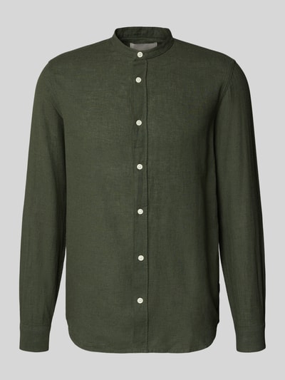 Produktfoto, Slim Fit Freizeithemd aus Baumwoll-Leinen-Mix Modell 'CAIDEN' von Only & Sons in dunklem Unifarben, gerade Form, sichtbare Knopfleiste, glatte Textur, Mao-Kragen, Langarm, 1-Knopf-Manschette, Rückenpasse, Optik: Unifarben, Passform: Slim-Fit.