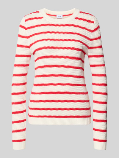 Produktfoto, Strickpullover mit Rundhalsausschnitt Modell 'DALO' von Vila in Weiß mit roten Streifen, reine Baumwolle, Slim Fit, gerippte Abschlüsse.
