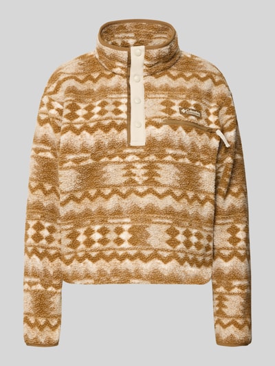 Produktfoto, Regular Fit Pullover mit Logo-Patch Modell 'Helvetia' von COLUMBIA, brązowy wzór, tekstura w stylu polaru, kieszeń na piersi na zamek, elastyczne mankiety, zapięcie na guziki, stójka, długość tyłu w rozmiarze S: 55 cm, szerokość ramion w rozmiarze S: 44 cm, szerokość w rozmiarze S: 58 cm, długość rękawa w rozmiarze S: 58 cm