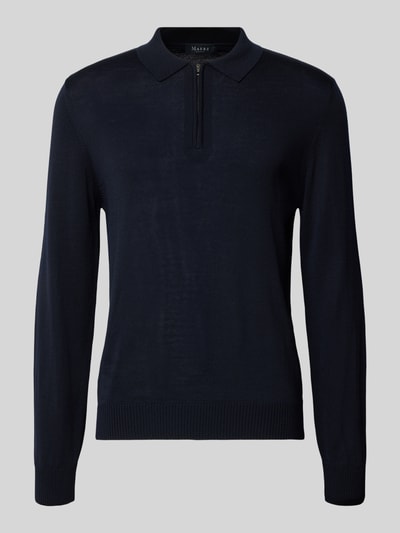 Produktfoto, Strickpullover aus Schurwolle mit Polokragen von MAERZ Muenchen in Dunkelblau, feine Struktur, Slim Fit, Reißverschluss, Herrenmode