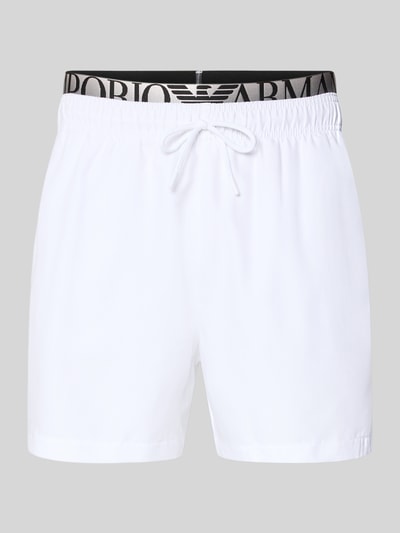 Produktfoto, Relaxed Fit Badeshorts mit Logo-Stitching von Emporio Armani in Weiß, elastischer Bund mit Tunnelzug, für Herren