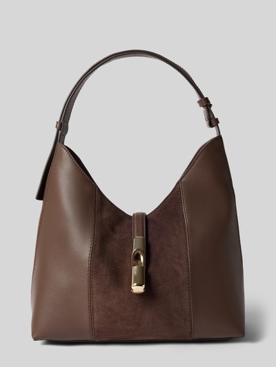 Produktfoto, Tote Bag aus echtem Leder Modell 'Goccia' von FURLA in Braun mit goldfarbenem Verschluss, samtigen und glatten Texturen, breite Form, verstellbarer Schulterriemen, 28x31x17 cm, modernes Design