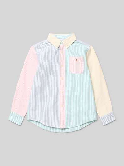 Produktfoto, Regular Fit Freizeithemd aus reiner Baumwolle von Polo Ralph Lauren Kids, wzór w paski, wielokolorowe, kołnierzyk typu button down, długi rękaw, bawełna, wyhaftowane logo, kieszeń na piersi, zaokrąglone wykończenie.