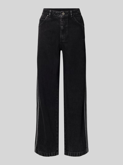 Produktfoto, Loose Fit Jeans aus reiner Baumwolle von adidas Originals w kolorze czarnym denim, krój loose fit, naszywka z logo, szlufki, paski w kontrastowym kolorze, zapięcie na guzik i zakryty zamek błyskawiczny, 5 kieszeni, bawełna