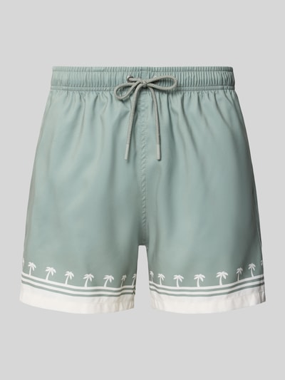 Produktfoto, Badehose mit elastischem Bund Modell 'Shore Palm' von BOARDIES in Grün mit Palmenmuster, Regular Fit, glatte Textur