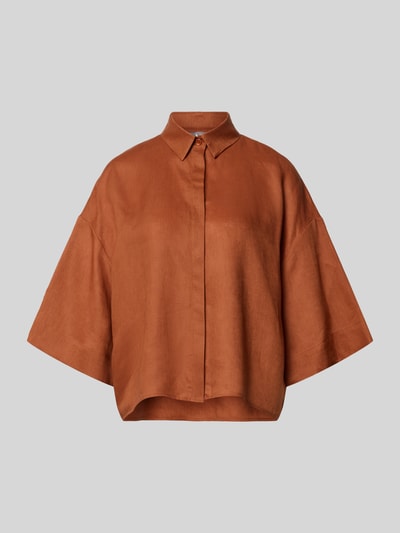 Produktfoto, Boxy Fit Leinenbluse mit 3/4-Arm Modell 'RITO' von MM by Max Mara in Braun, reine Leinen, Hemdblusenkragen, verdeckte Knopfleiste, Rückenlänge 58 cm, Ärmellänge 27 cm, glatte Textur