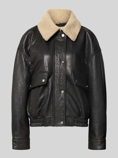 Produktfoto, Regular Fit Bomberjacke mit Umlegekragen von MYON, schwarz, grobe Lederstruktur, Eingrifftaschen, elastischer Bund, Damenmode