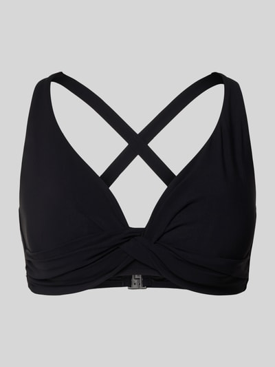 Produktfoto, schwarzes Bikini-Oberteil mit Knotendetail und V-Ausschnitt, Modell 'SOLID' von Barts, Stretch-Material, körpernahe Passform