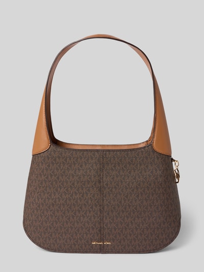 Produktfoto, Shoulder Bag mit Allover-Logo-Print Modell 'Alice' von MICHAEL Michael Kors in Braun mit Logo-Detail, Reißverschluss und Schulterriemen, strukturierte Textur, rechteckige Form, Kontext: Hauptfach mit Reißverschluss, Reißverschlussfach innen, Größe 31x24x7 cm, Riemen 65 cm.