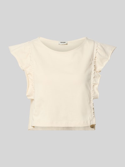 Produktfoto, Damen T-Shirt mit Schmetterlingsärmel Modell 'MIRIEL' von Drykorn in Creme, Reine Baumwolle, Loose-Fit, Häkelspitze, U-Boot-Ausschnitt, Rückenlänge 45 cm bei Größe S.