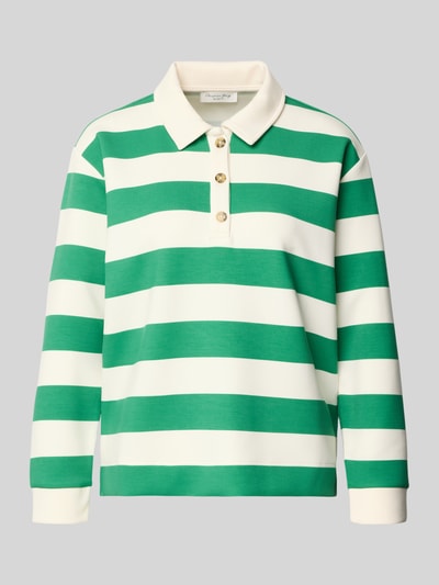 Produktfoto, Sweatshirt mit Polokragen und Knopfleiste van Christian Berg Woman, groen-wit gestreept, regular fit, gemengd materiaal met modal.