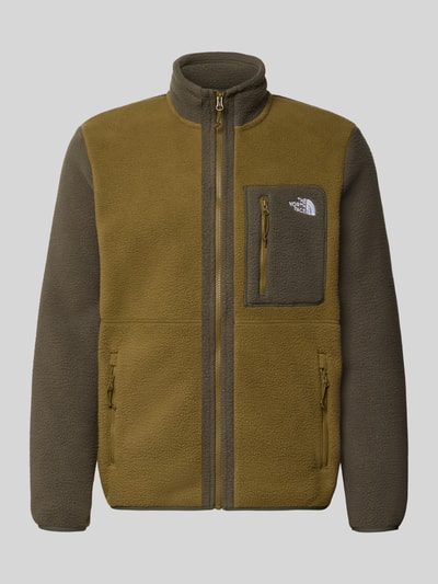 Produktfoto, Fleecejacke mit Stehkragen Modell 'YUMIORI' von The North Face in Olive und Braun, Reißverschlusstaschen und elastische Abschlüsse, lockere Passform, strukturierte Fleece-Textur