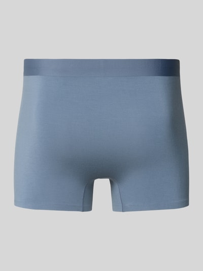 Produktfoto, blaue Trunks mit elastischem Bund und Label-Detail von Schiesser, Micromodal-Elasthan-Mix, Körpernahe Passform.