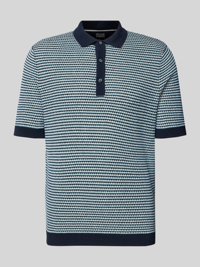 Produktfoto, Slim Fit Poloshirt in Strick-Optik mit Leinen-Anteil von Brax, Baumwoll-Mix, marineblaue und weiße Streifen, elastische Abschlüsse