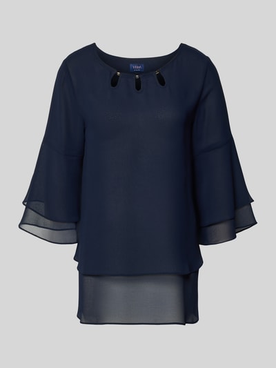 Produktfoto, Regular Fit Blusenshirt aus fließendem Stoff von Vera Mont, Chiffon, Stufen-Look, 3/4-Arm, Rückenlänge 66 cm, dunkelblau, transparente Optik