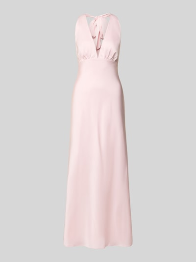 Produktfoto, Maxikleid mit V-Ausschnitt Modell 'Dascha' von JOOP!, satyna, dopasowany krój, wiązanie na szyi, zamek błyskawiczny z tyłu, długość tyłu w rozmiarze 36: 137 cm, szerokość w rozmiarze 36: 41 cm, jasnoróżowy odcień, gładka satynowa powierzchnia